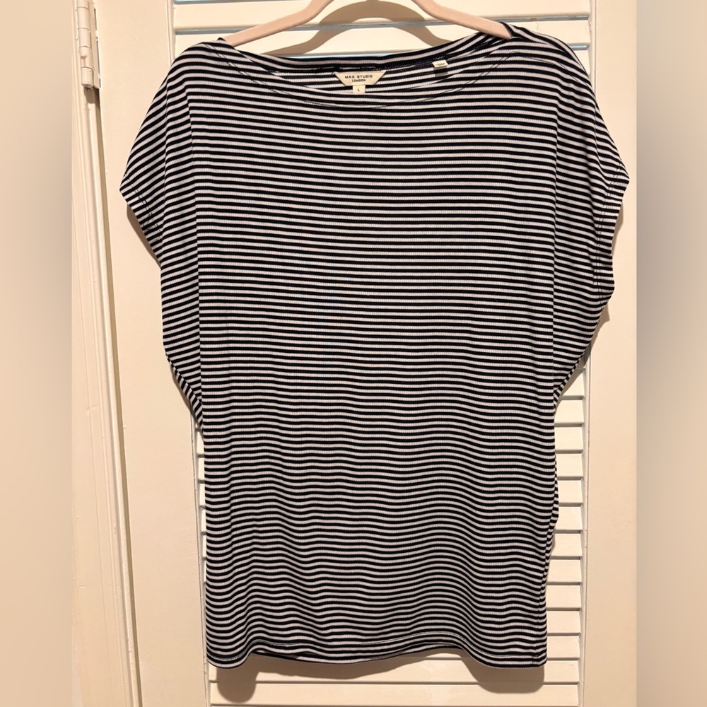 Max Studio Black and White Striped Short Sleeve Tee